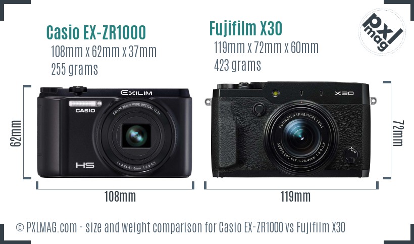 Casio EX-ZR1000 vs Fujifilm X30 size comparison