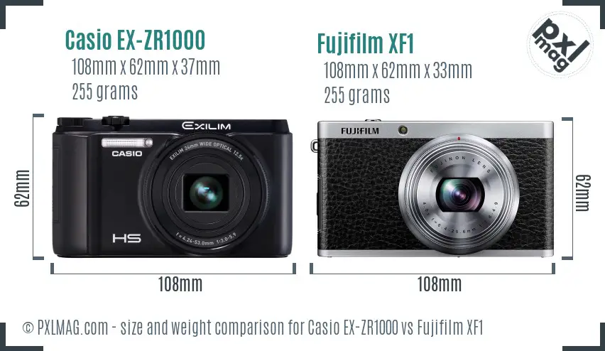 Casio EX-ZR1000 vs Fujifilm XF1 size comparison