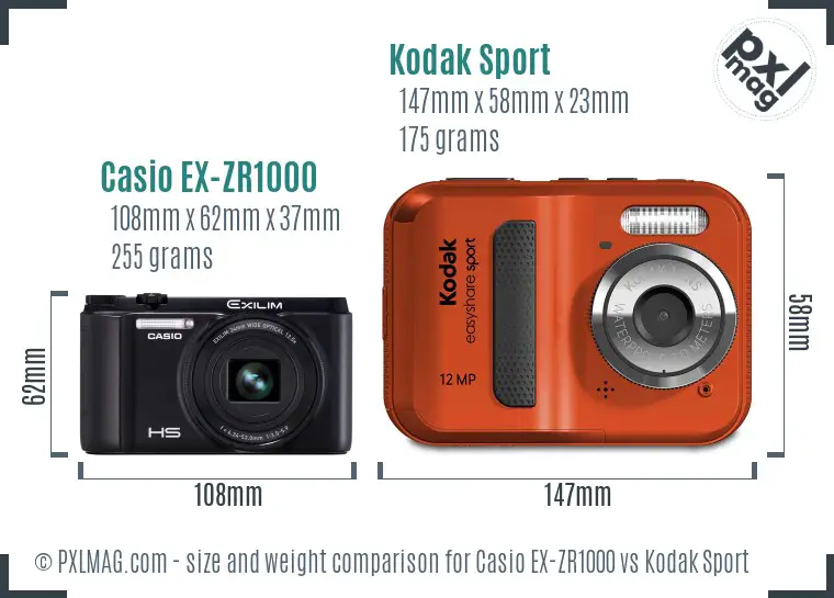 Casio EX-ZR1000 vs Kodak Sport size comparison