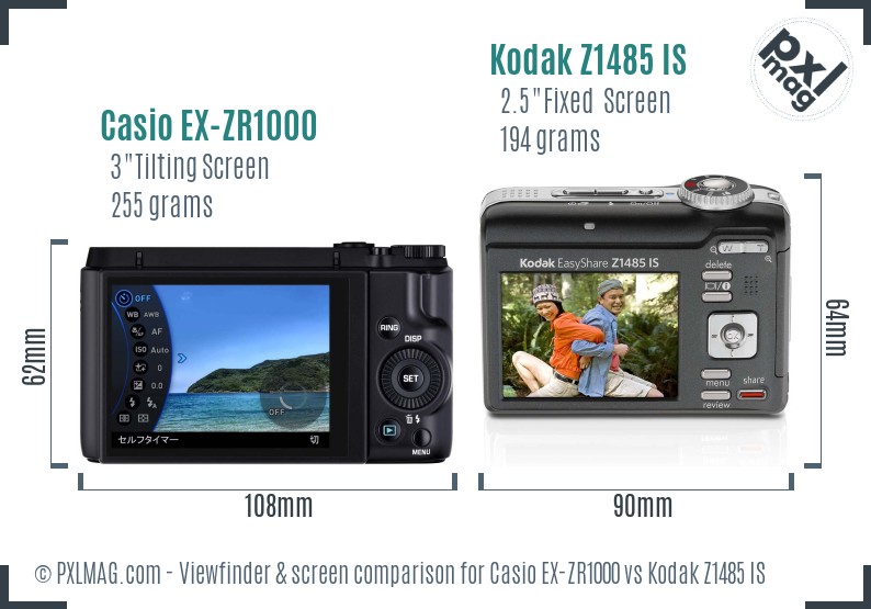 Casio EX-ZR1000 vs Kodak Z1485 IS Screen and Viewfinder comparison