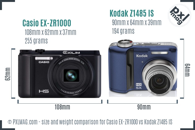Casio EX-ZR1000 vs Kodak Z1485 IS size comparison