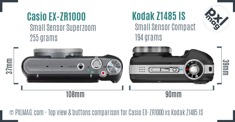 Casio EX-ZR1000 vs Kodak Z1485 IS top view buttons comparison