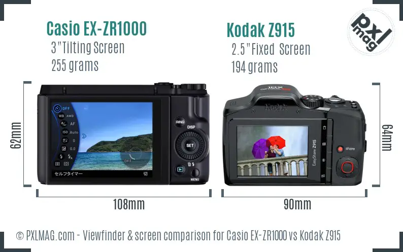 Casio EX-ZR1000 vs Kodak Z915 Screen and Viewfinder comparison