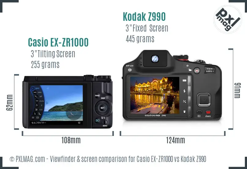 Casio EX-ZR1000 vs Kodak Z990 Screen and Viewfinder comparison