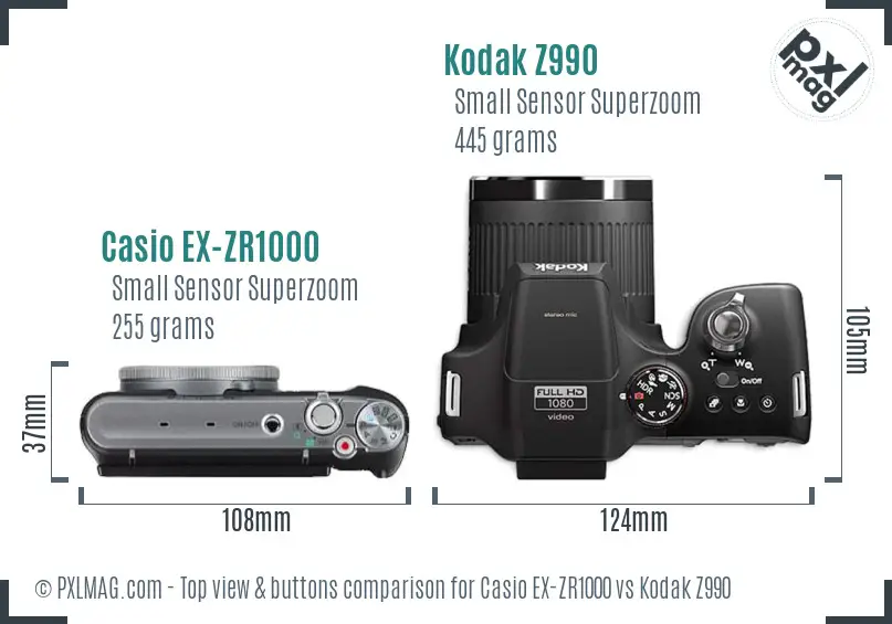 Casio EX-ZR1000 vs Kodak Z990 top view buttons comparison