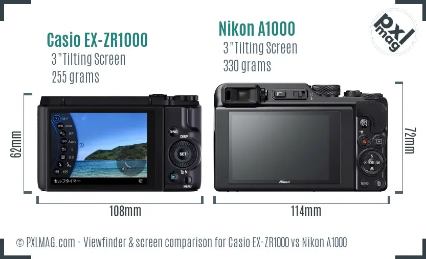 Casio EX-ZR1000 vs Nikon A1000 Screen and Viewfinder comparison