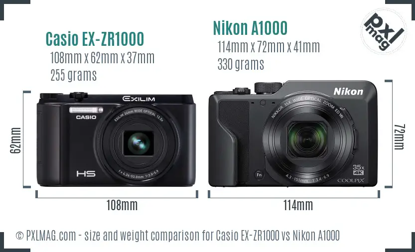 Casio EX-ZR1000 vs Nikon A1000 size comparison