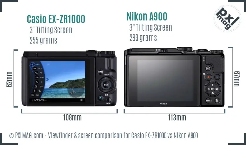 Casio EX-ZR1000 vs Nikon A900 Screen and Viewfinder comparison