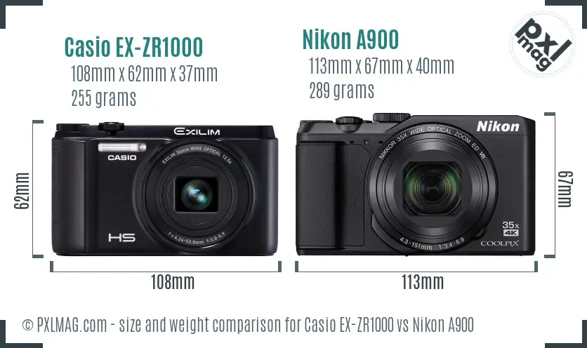 Casio EX-ZR1000 vs Nikon A900 size comparison
