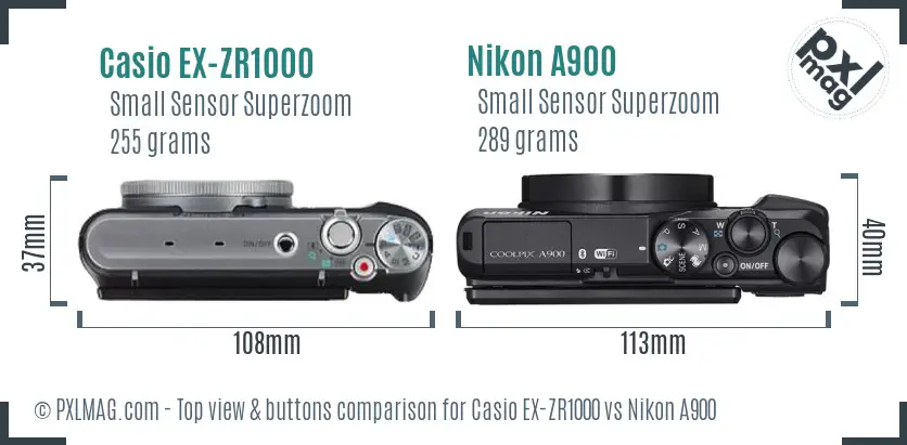 Casio EX-ZR1000 vs Nikon A900 top view buttons comparison