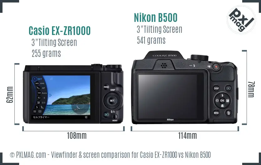 Casio EX-ZR1000 vs Nikon B500 Screen and Viewfinder comparison