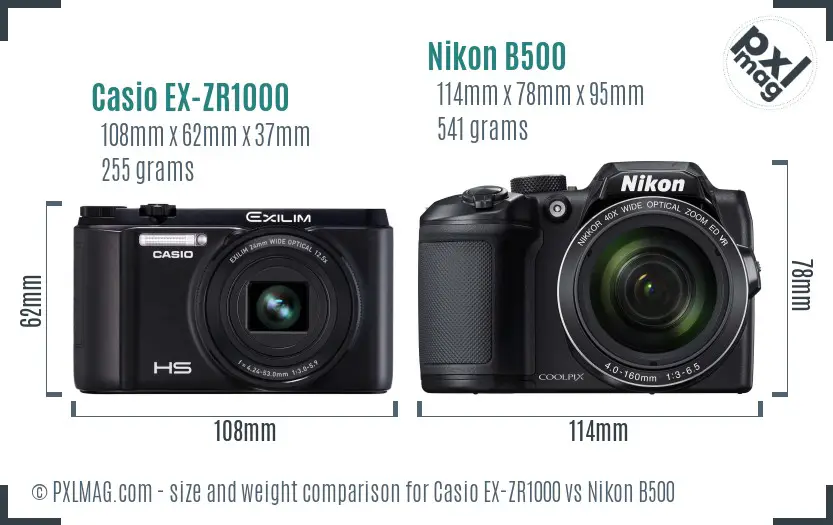 Casio EX-ZR1000 vs Nikon B500 size comparison