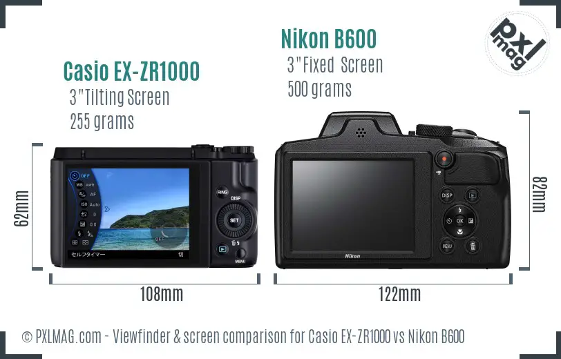 Casio EX-ZR1000 vs Nikon B600 Screen and Viewfinder comparison