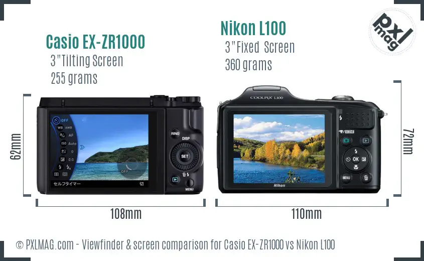 Casio EX-ZR1000 vs Nikon L100 Screen and Viewfinder comparison