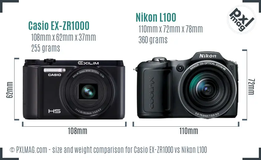 Casio EX-ZR1000 vs Nikon L100 size comparison