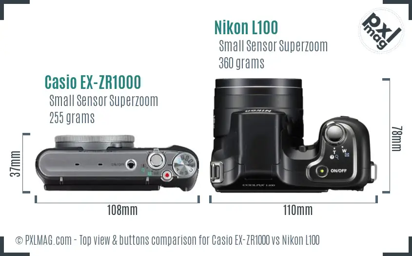 Casio EX-ZR1000 vs Nikon L100 top view buttons comparison