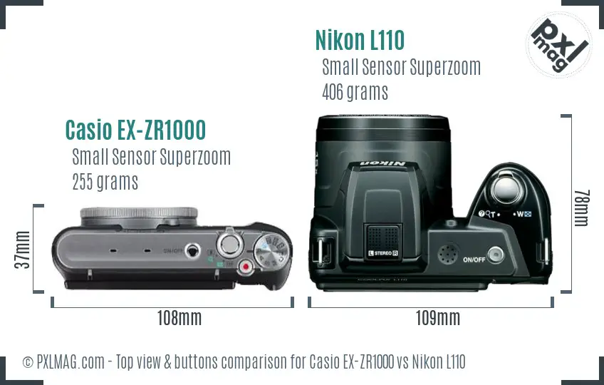 Casio EX-ZR1000 vs Nikon L110 top view buttons comparison