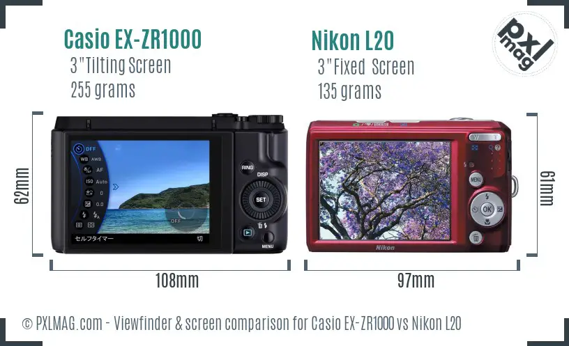 Casio EX-ZR1000 vs Nikon L20 Screen and Viewfinder comparison