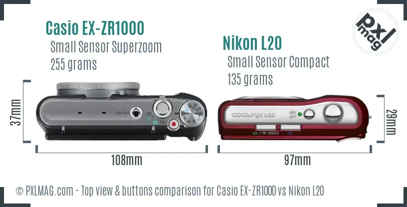 Casio EX-ZR1000 vs Nikon L20 top view buttons comparison