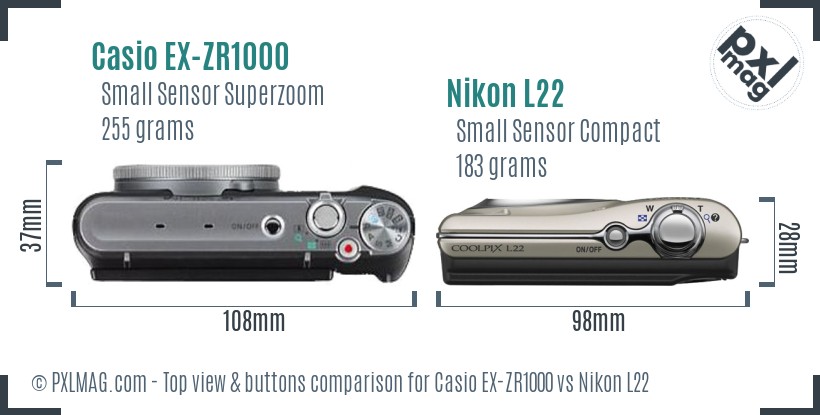Casio EX-ZR1000 vs Nikon L22 top view buttons comparison