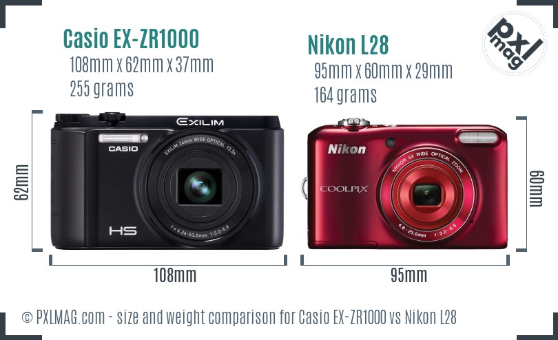 Casio EX-ZR1000 vs Nikon L28 size comparison