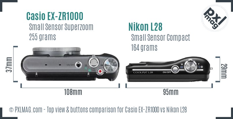Casio EX-ZR1000 vs Nikon L28 top view buttons comparison