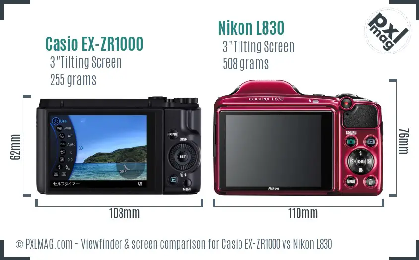 Casio EX-ZR1000 vs Nikon L830 Screen and Viewfinder comparison