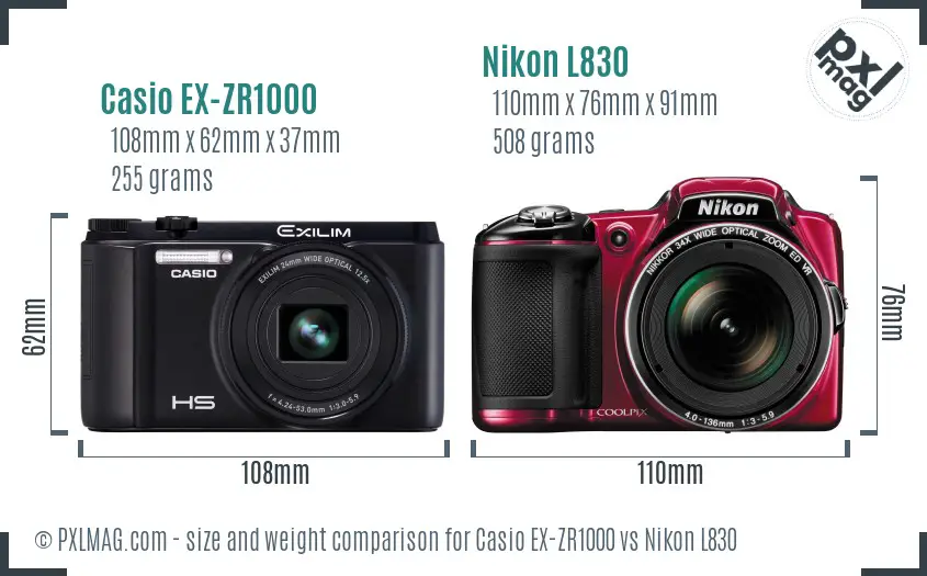 Casio EX-ZR1000 vs Nikon L830 size comparison