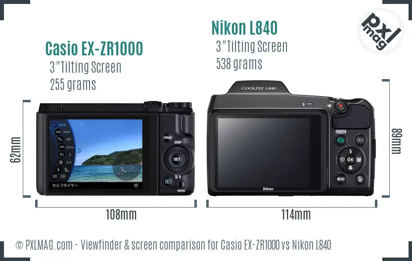Casio EX-ZR1000 vs Nikon L840 Screen and Viewfinder comparison