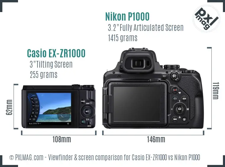 Casio EX-ZR1000 vs Nikon P1000 Screen and Viewfinder comparison