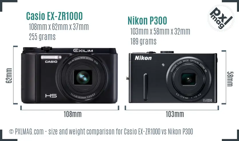 Casio EX-ZR1000 vs Nikon P300 size comparison