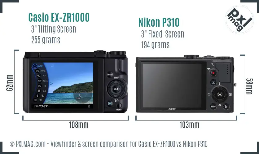 Casio EX-ZR1000 vs Nikon P310 Screen and Viewfinder comparison