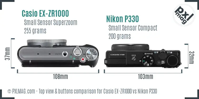 Casio EX-ZR1000 vs Nikon P330 top view buttons comparison Casio EX-ZR1000 vs Nikon P330 top view buttons comparison