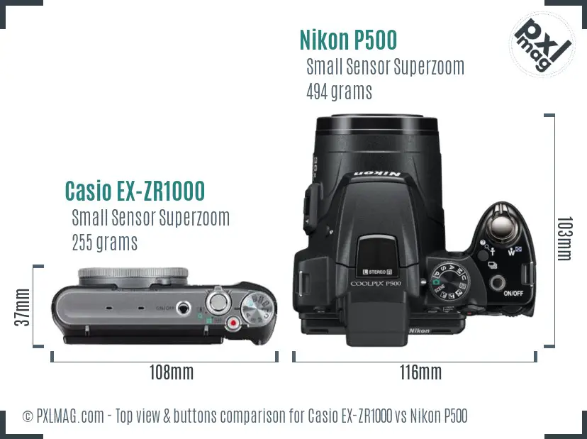 Casio EX-ZR1000 vs Nikon P500 top view buttons comparison Casio EX-ZR1000 vs Nikon P500 top view buttons comparison
