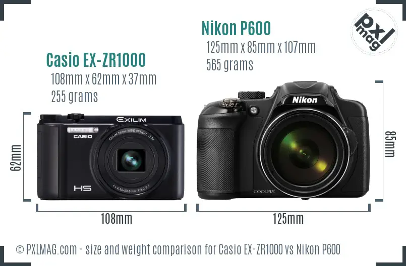 Casio EX-ZR1000 vs Nikon P600 size comparison