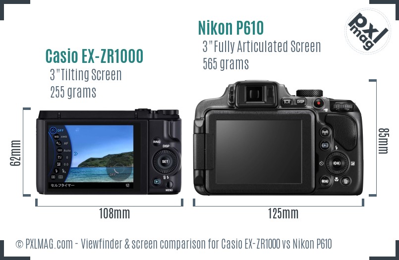 Casio EX-ZR1000 vs Nikon P610 Screen and Viewfinder comparison