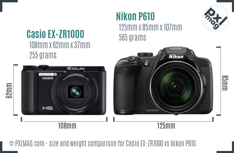 Casio EX-ZR1000 vs Nikon P610 size comparison