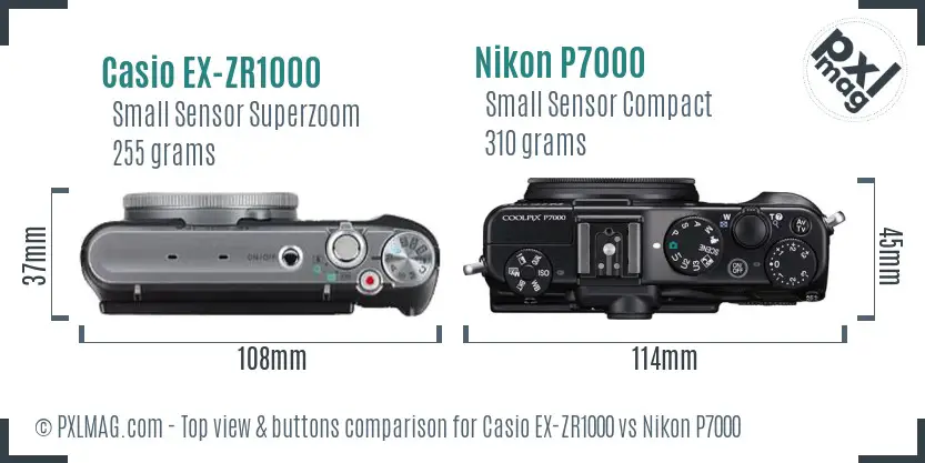 Casio EX-ZR1000 vs Nikon P7000 top view buttons comparison