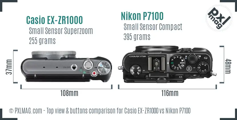 Casio EX-ZR1000 vs Nikon P7100 top view buttons comparison