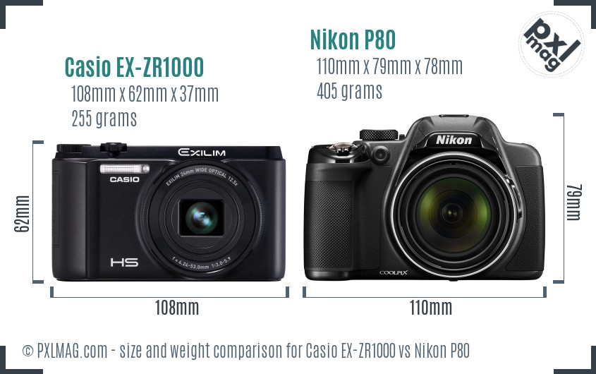 Casio EX-ZR1000 vs Nikon P80 size comparison