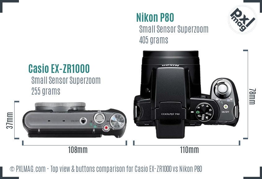 Casio EX-ZR1000 vs Nikon P80 top view buttons comparison