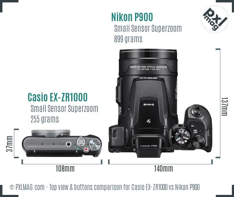Casio EX-ZR1000 vs Nikon P900 top view buttons comparison