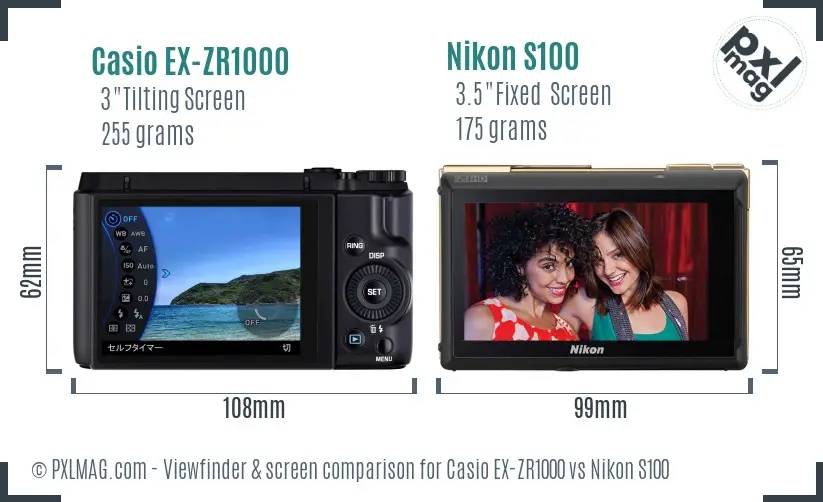 Casio EX-ZR1000 vs Nikon S100 Screen and Viewfinder comparison