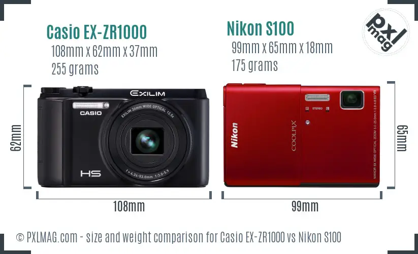 Casio EX-ZR1000 vs Nikon S100 size comparison