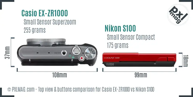 Casio EX-ZR1000 vs Nikon S100 top view buttons comparison