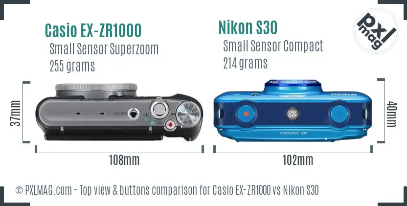 Casio EX-ZR1000 vs Nikon S30 top view buttons comparison