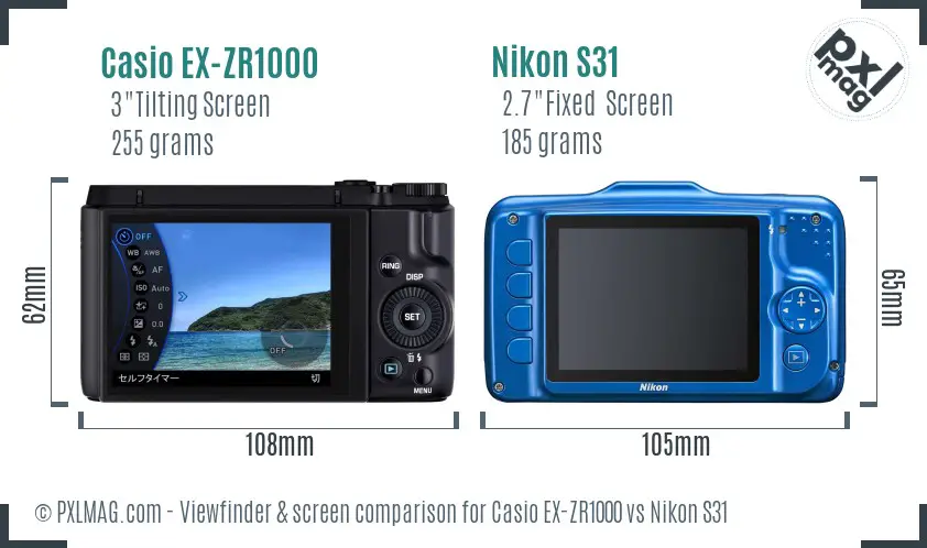 Casio EX-ZR1000 vs Nikon S31 Screen and Viewfinder comparison