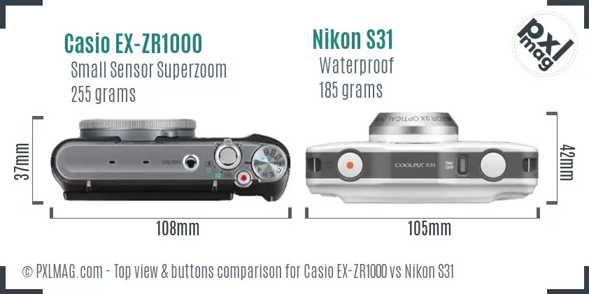 Casio EX-ZR1000 vs Nikon S31 top view buttons comparison