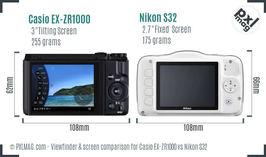 Casio EX-ZR1000 vs Nikon S32 Screen and Viewfinder comparison