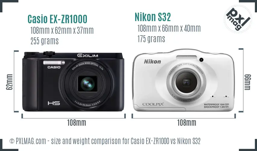 Casio EX-ZR1000 vs Nikon S32 size comparison